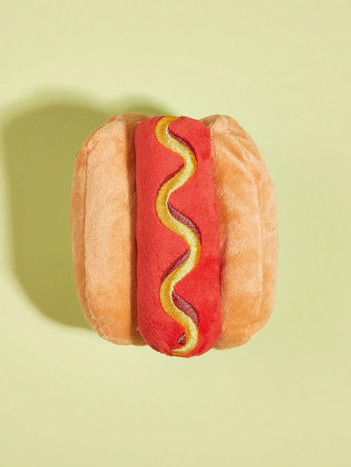 Yellow hot dog-shaped dog toy by AliExpress, plush squeaky chew toy designed for grinding and durable play.