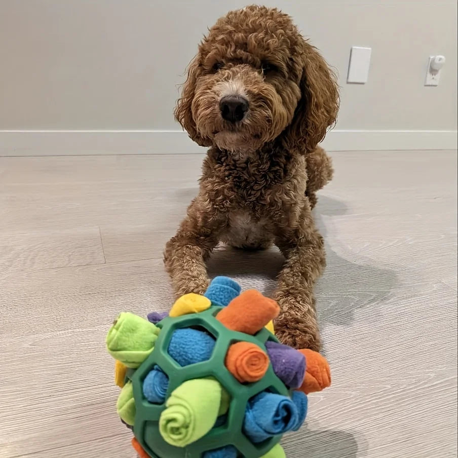 Red interactive dog toy puzzle ball by AliExpress, designed for sniffing, hiding treats, and mental stimulation for dogs.