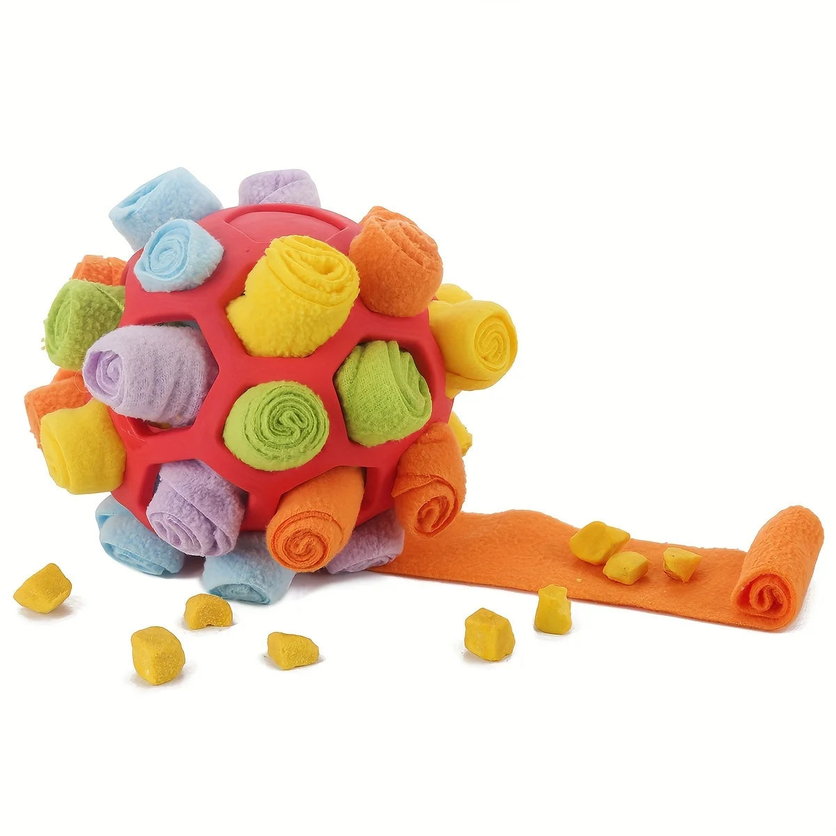 Red interactive dog sniffing toy puzzle ball by AliExpress, designed for mental stimulation and treat hiding for dogs.