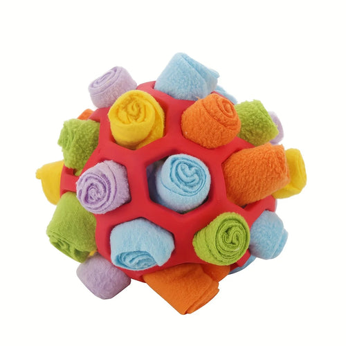 Red interactive dog toy puzzle ball from AliExpress, designed for sniffing, treat hiding, and mental stimulation for dogs.