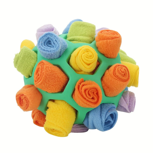 Red interactive dog toy puzzle ball for hiding treats, made of rubber, designed to stimulate and engage dogs during play.