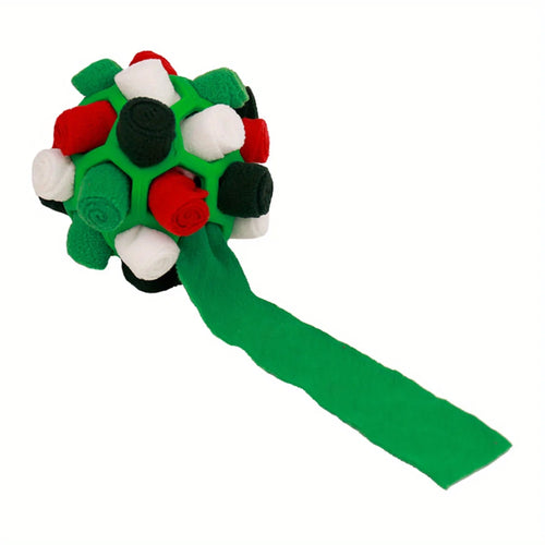 Red interactive dog sniffing puzzle ball toy with rubber material for hiding treats, designed to stimulate and engage dogs.