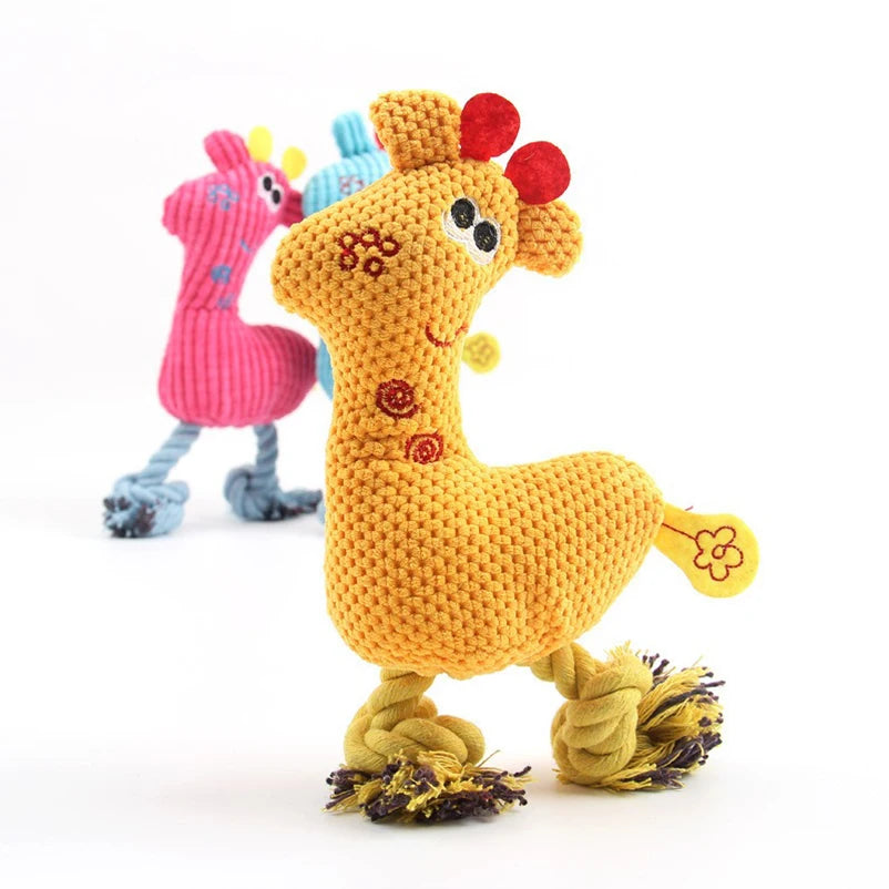Yellow pet dog sound toy featuring a knitting Sika deer design, bite-resistant and designed to make engaging sounds during play.