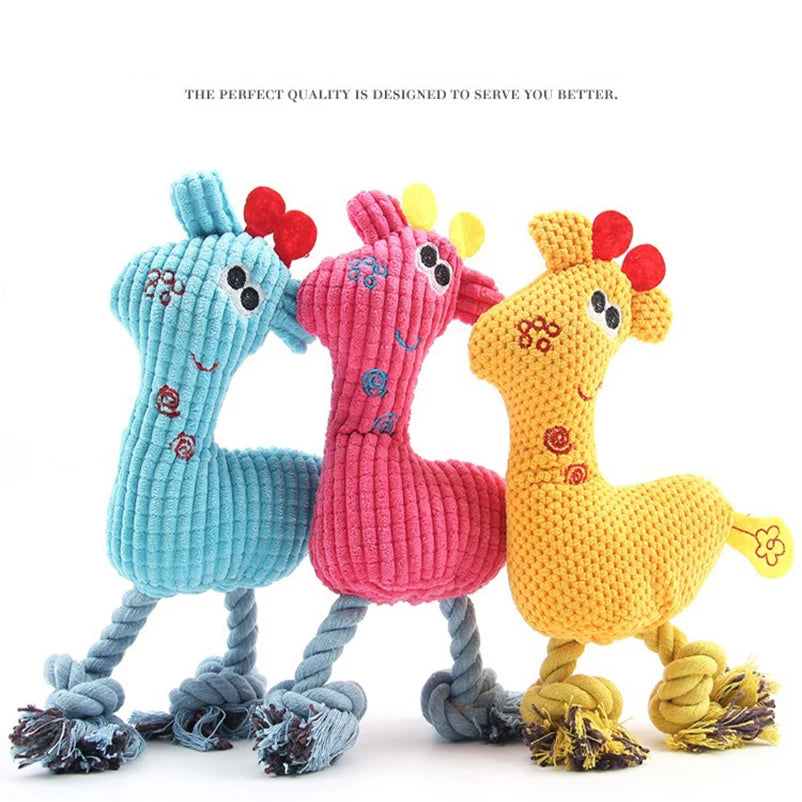 Yellow Sika deer dog toy from AliExpress, knit design, bite-resistant, with sound feature, ideal for playful dogs.