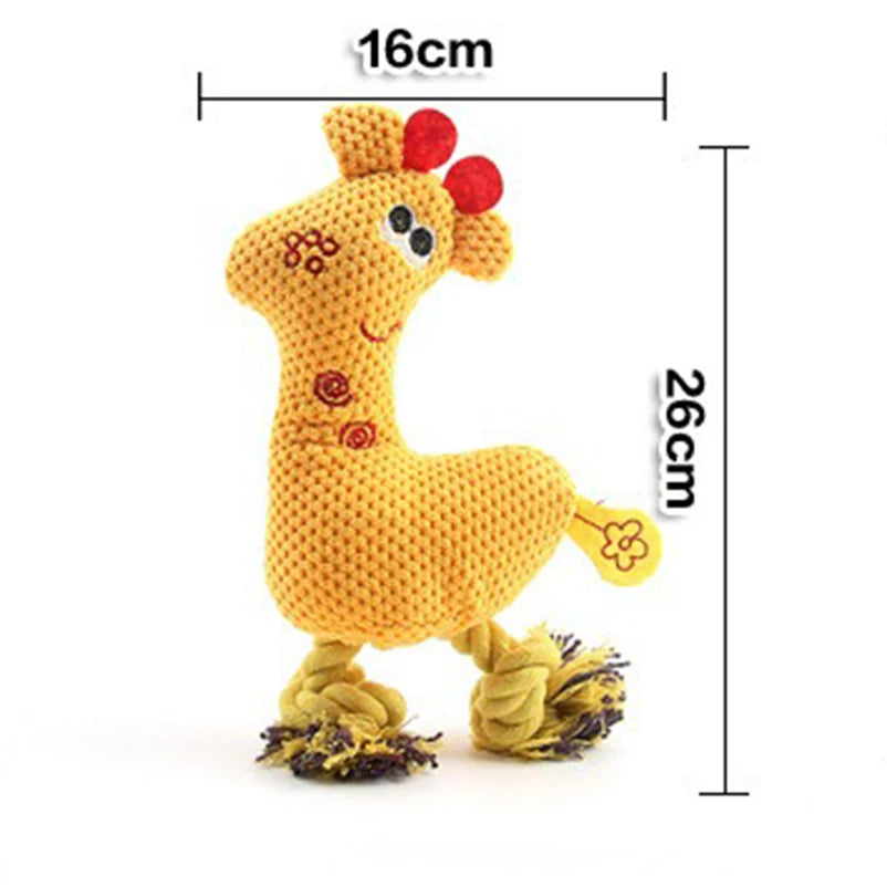 Yellow dog toy from AliExpress featuring a Sika deer design, made of knitted material with sound, bite-resistant for dogs.