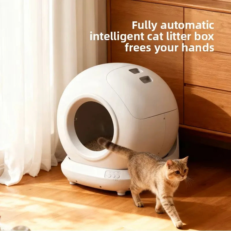 Grey automatic self-cleaning cat litter box with electric and app control, designed for easy maintenance and odor management.