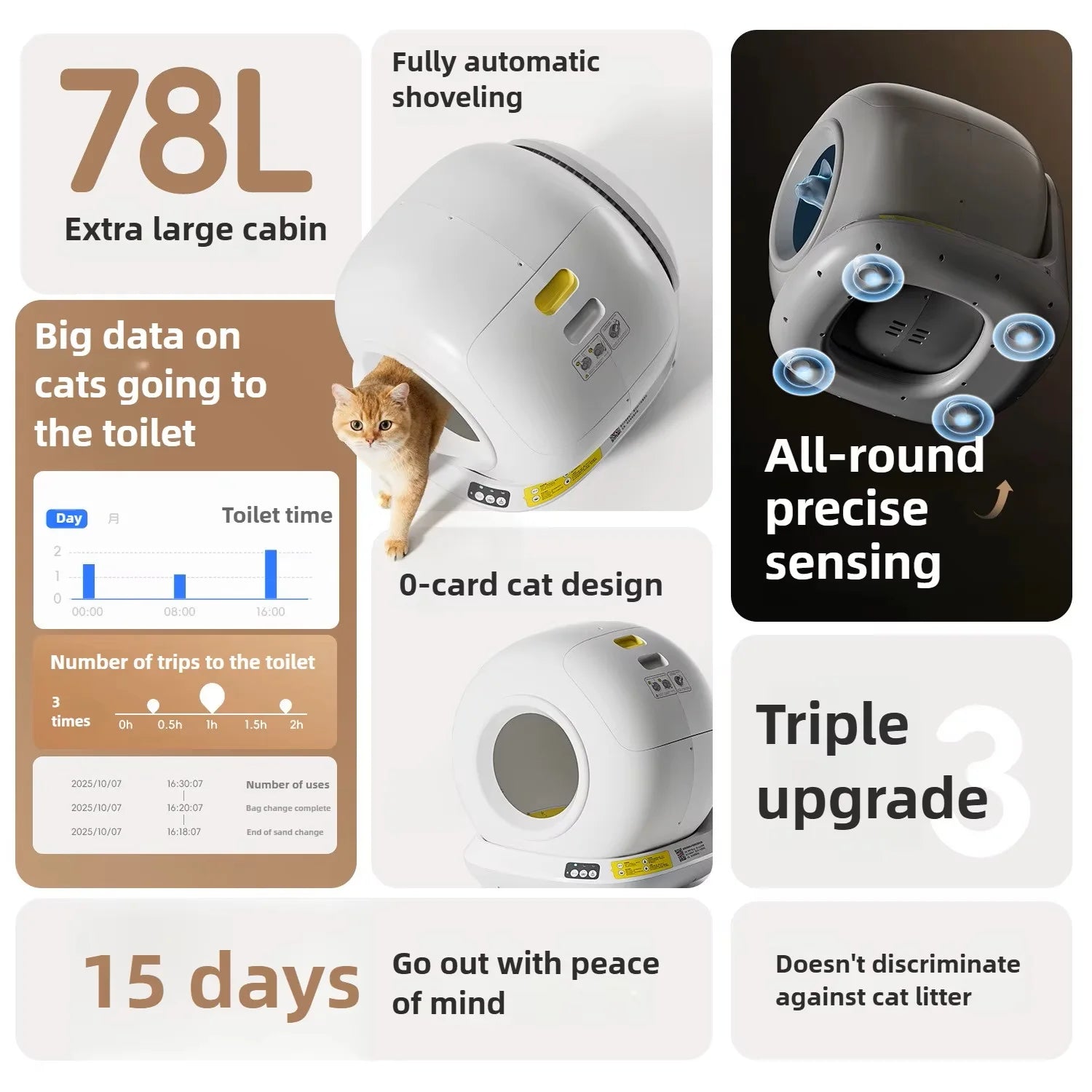 Gray automatic self-cleaning cat litter box with electric operation and app control for easy pet waste management.