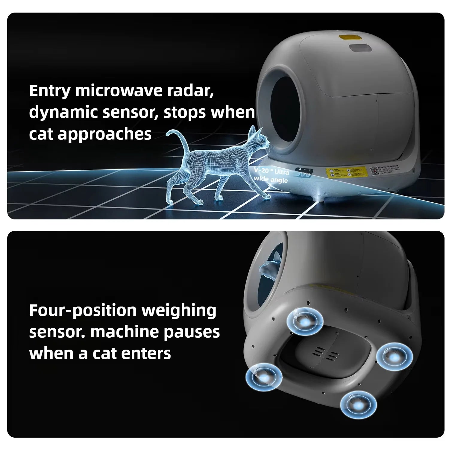 Grey automatic self-cleaning cat litter box with electric operation and app control for easy pet waste management.