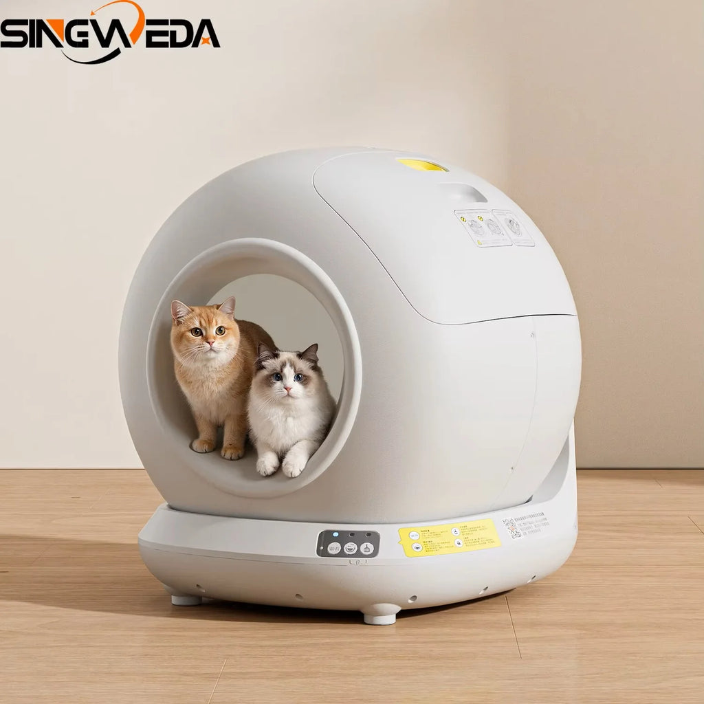 Gray automatic self-cleaning cat litter box with electric operation and app control for easy pet waste management.