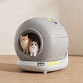 Grey automatic self-cleaning cat litter box with electric app control for easy maintenance and odor control.