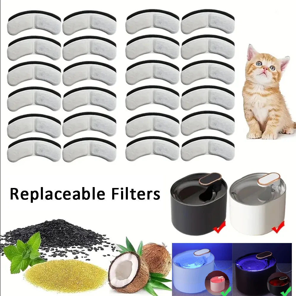 Six AliExpress cat water fountain filter cartridges for pet water dispensers, showing the filter design and packaging.