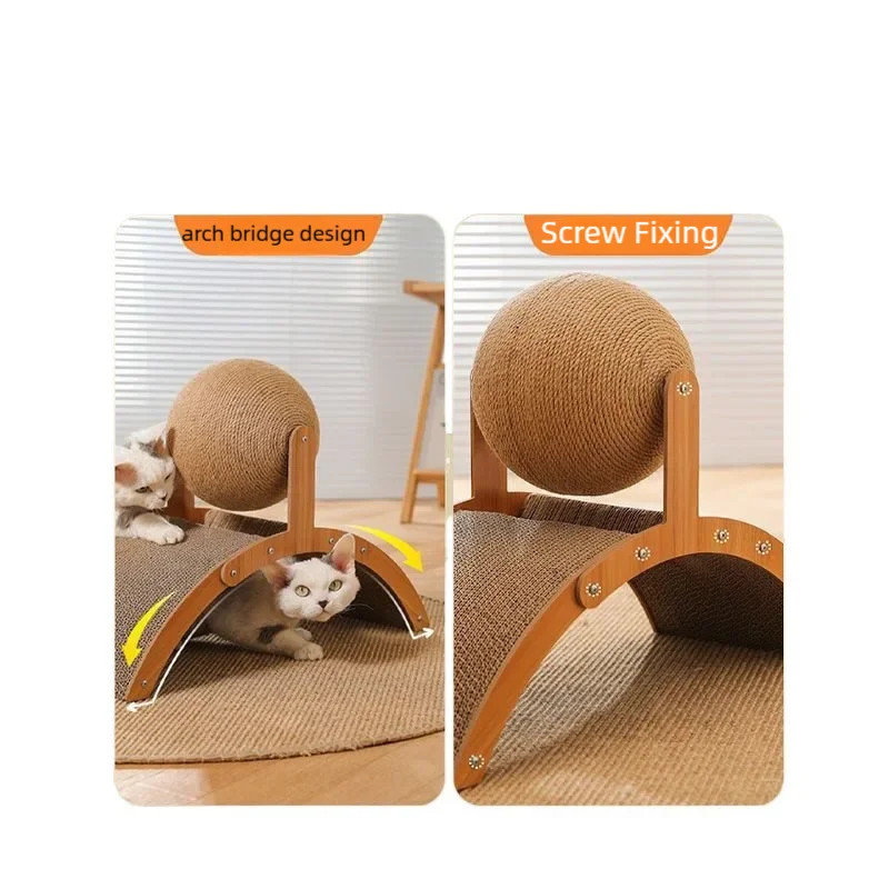 Wooden 2-in-1 cat scratching ball and sisal scratch board, durable grinding surface for cats to scratch and play.