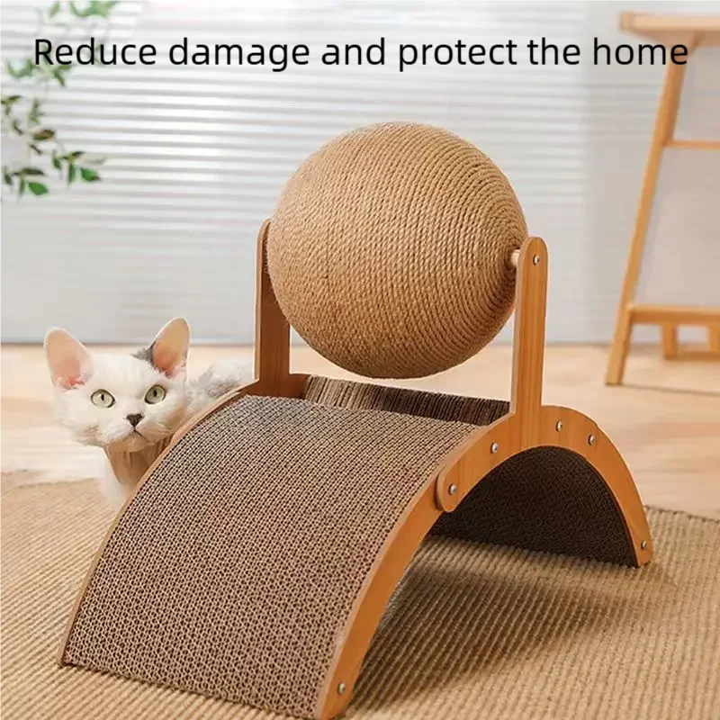 Wooden 2-in-1 cat scratching ball with sisal surface, durable grinding surface, and natural wooden finish for cats to scratch and play.