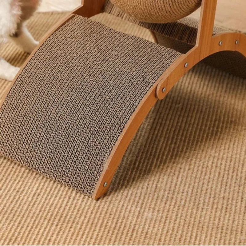 Durable 2-in-1 wooden cat scratching ball with sisal surface and grindable board for cats to scratch and play.