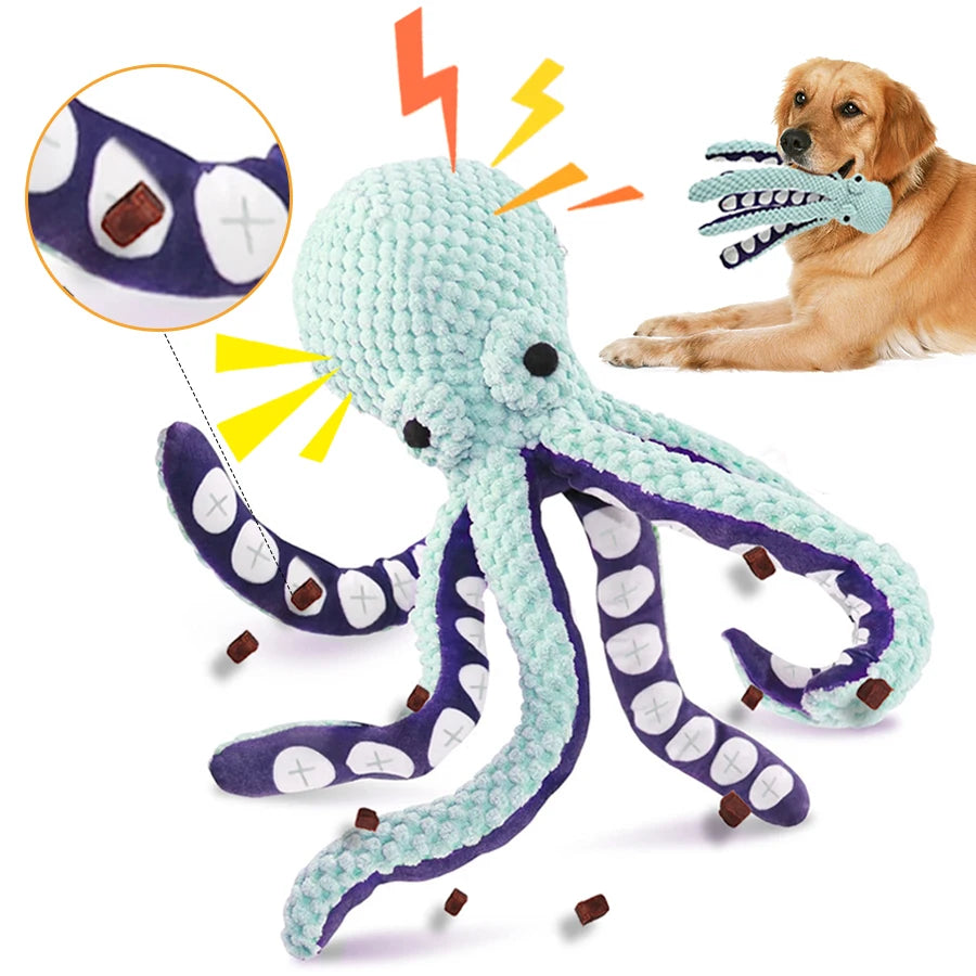 Plush octopus squeaky puzzle toy for dogs and cats, soft plush material, designed for interactive play and treat hiding.