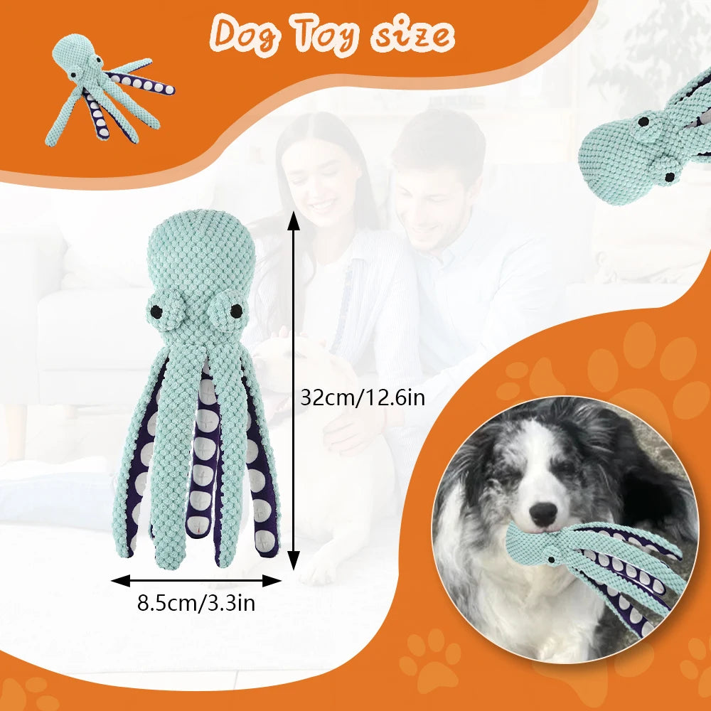 Plush octopus snuffle puzzle toy for dogs and cats with squeaky treat toy, designed for interactive play and mental stimulation.