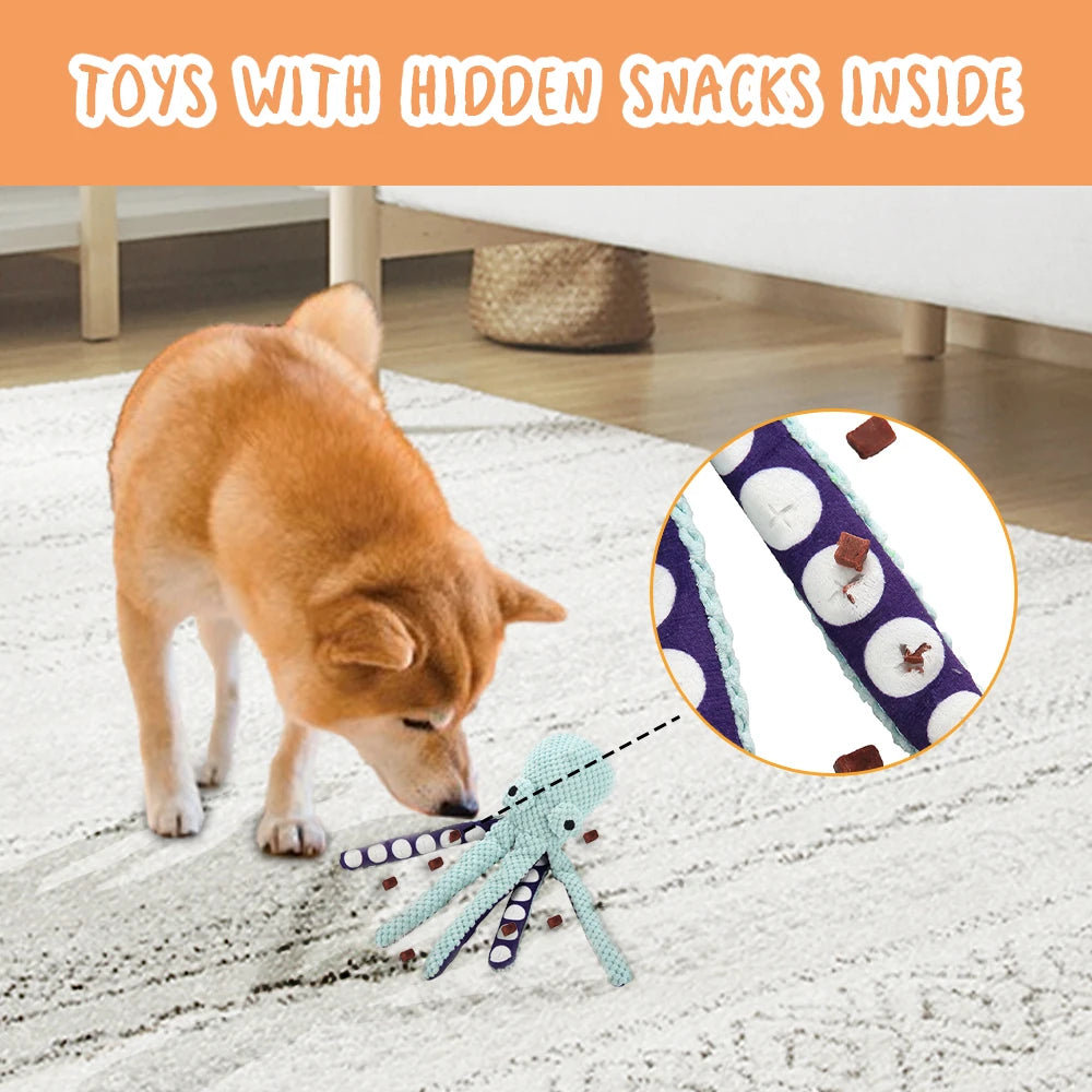 Plush octopus squeaky dog and cat puzzle toy, soft toy with multiple shells for interactive play and treats.