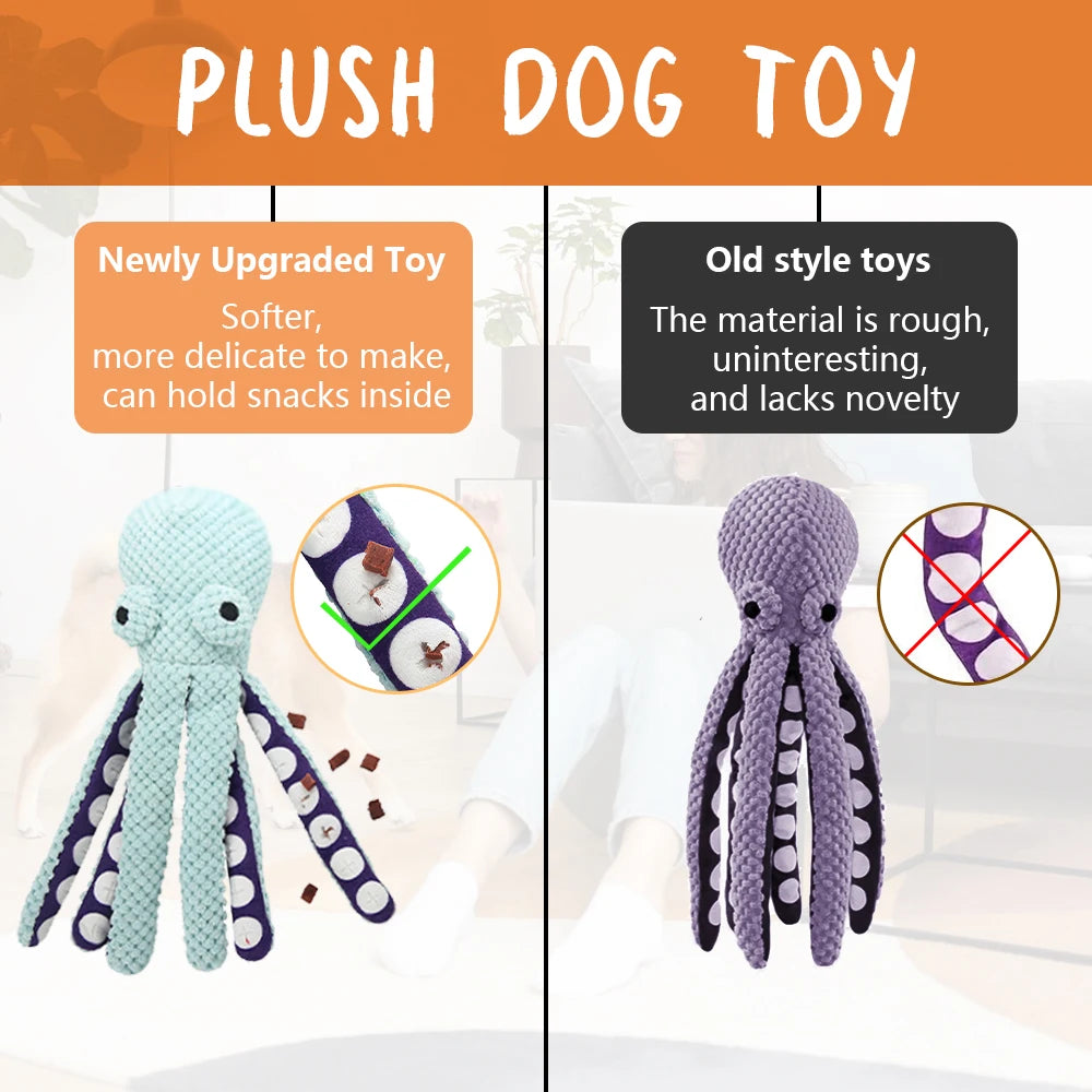 Plush octopus snuffle puzzle toy for dogs and cats with squeaky treat compartments, made by AliExpress.