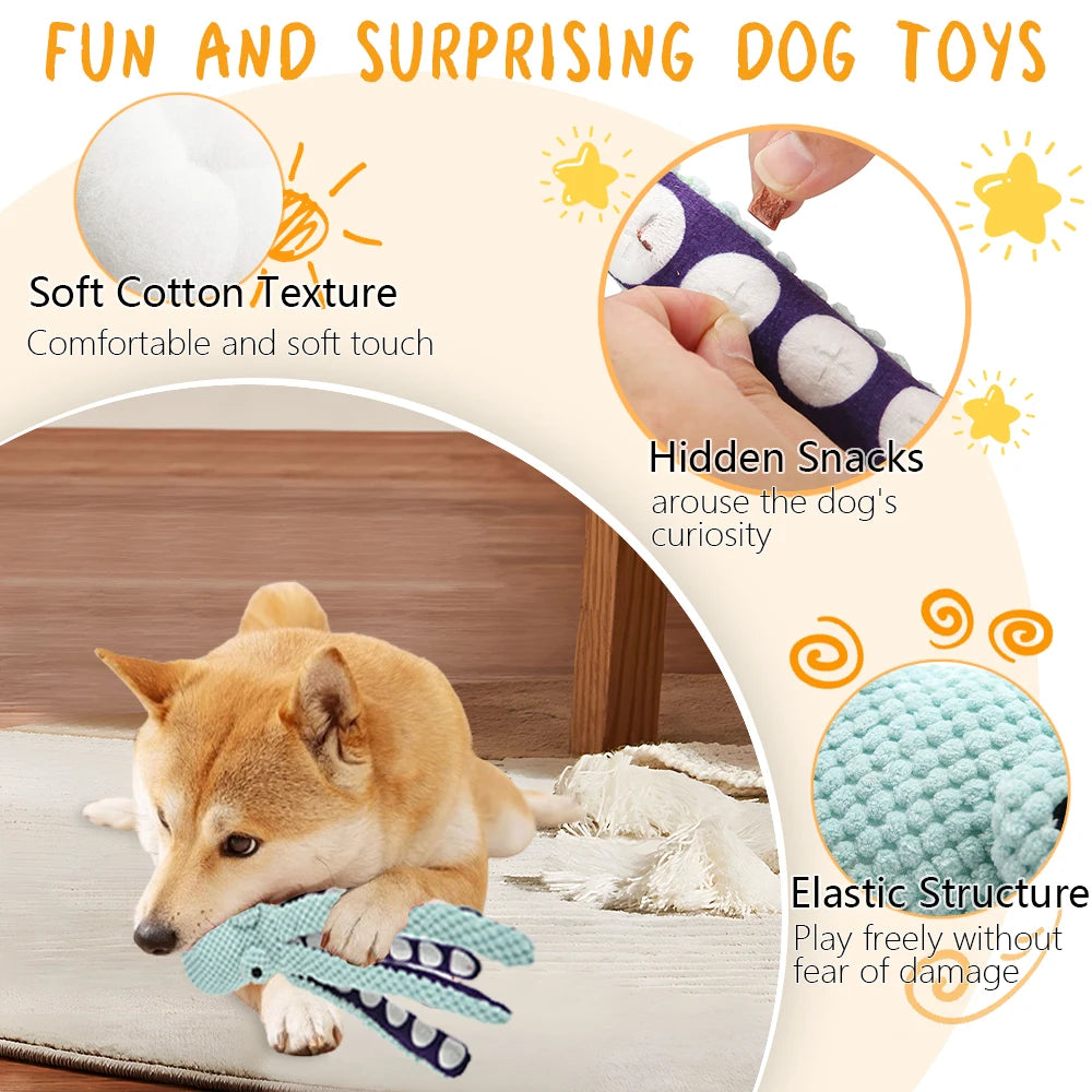 Plush octopus snuffle puzzle toy for dogs and cats with squeaky treat features, designed for interactive play and mental stimulation.