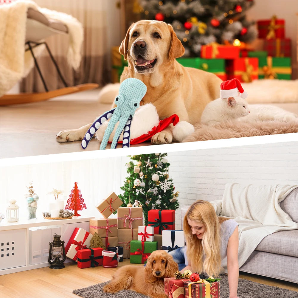 Plush octopus snuffle puzzle toy for dogs and cats with squeaky features, made of soft fabric for interactive play and treats.