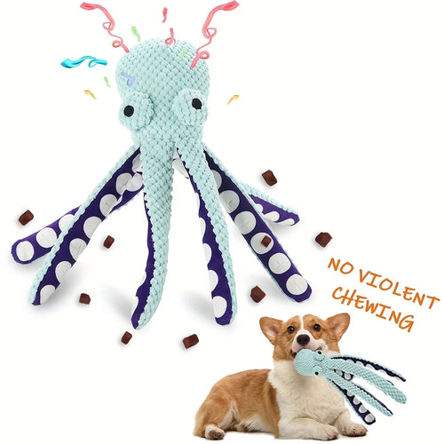 Plush octopus snuffle puzzle toy for dogs and cats with squeaky treat feature, made of soft plush material for pets' entertainment.