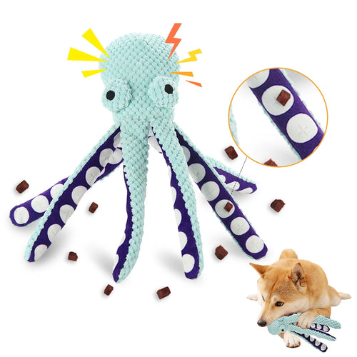 Plush octopus snuffle puzzle toy for dogs and cats with squeaky treat dispenser, colorful soft plush pet toy.