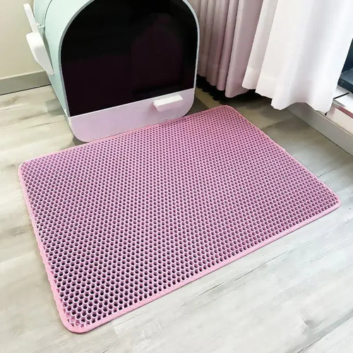 Pink waterproof double-layer cat litter mat with textured surface for trapping litter, designed for pet litter boxes.