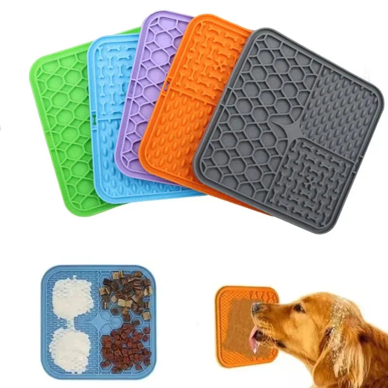 Blue silicone dog lick mat and slow feeder bowl from AliExpress, designed for bath time and anxiety relief for pets.