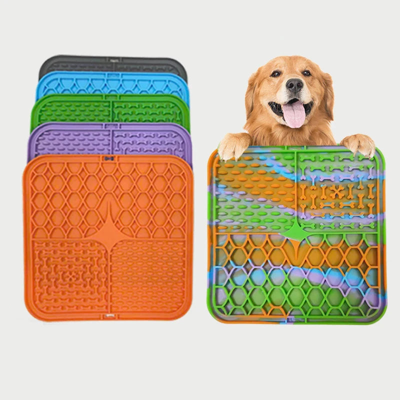Blue silicone dog lick mat slow feeder bowl from AliExpress, designed for bath time and anxiety relief for pets.