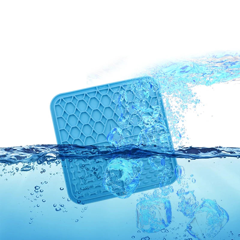 Blue silicone dog lick mat slow feeder bowl from AliExpress, designed for bath and anxiety relief, with textured surface for licking.
