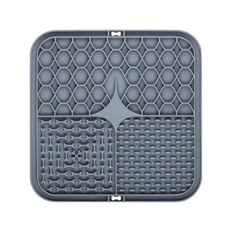 Blue silicone dog lick mat slow feeder bowl by AliExpress, designed for bath time and anxiety relief with textured surface for distraction.