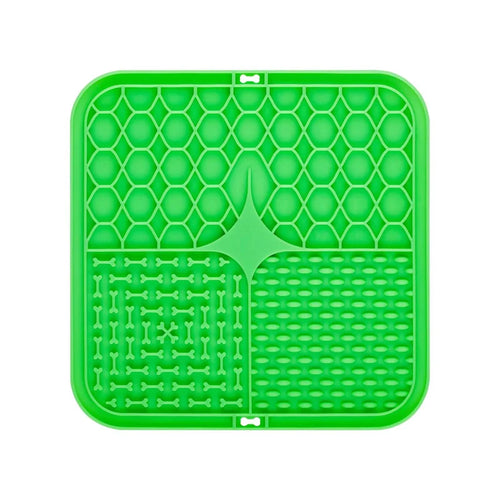 Blue silicone dog lick mat slow feeder bowl for anxiety relief and bath distraction, designed for pets to lick and play.