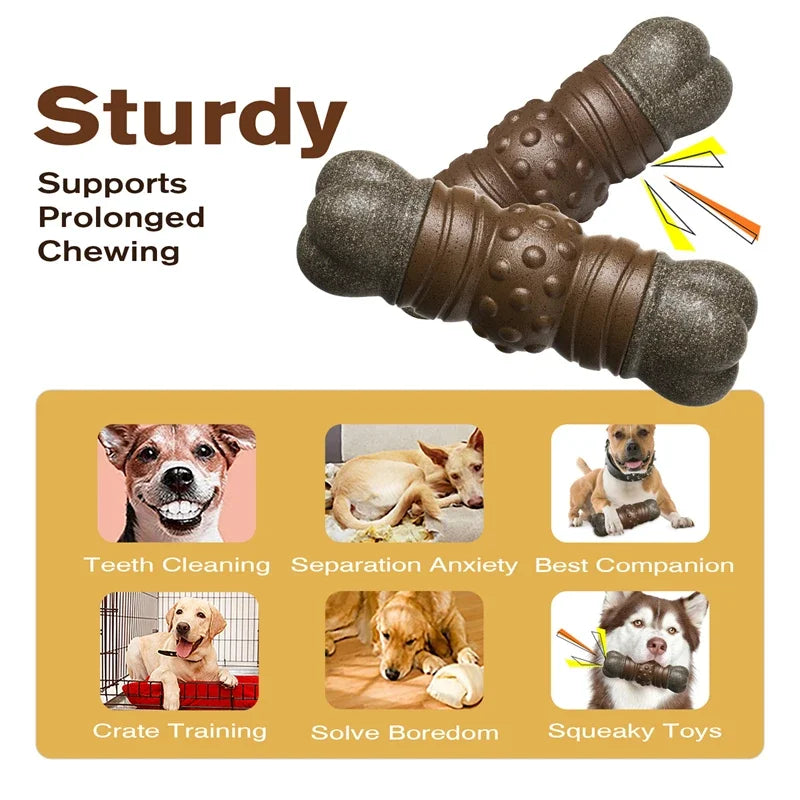 Large brown dog chew toy from AliExpress, tougher than real bones, squeaky, designed to entertain and solve boredom for dogs.