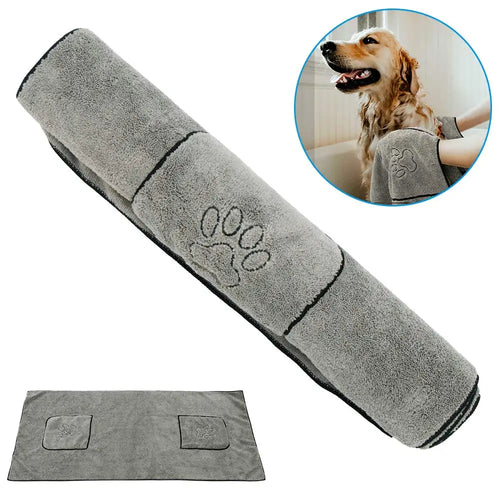 Super absorbent big puppy pet dog bathrobe and towel set, made of soft grooming supplies fabric for drying pets after baths.
