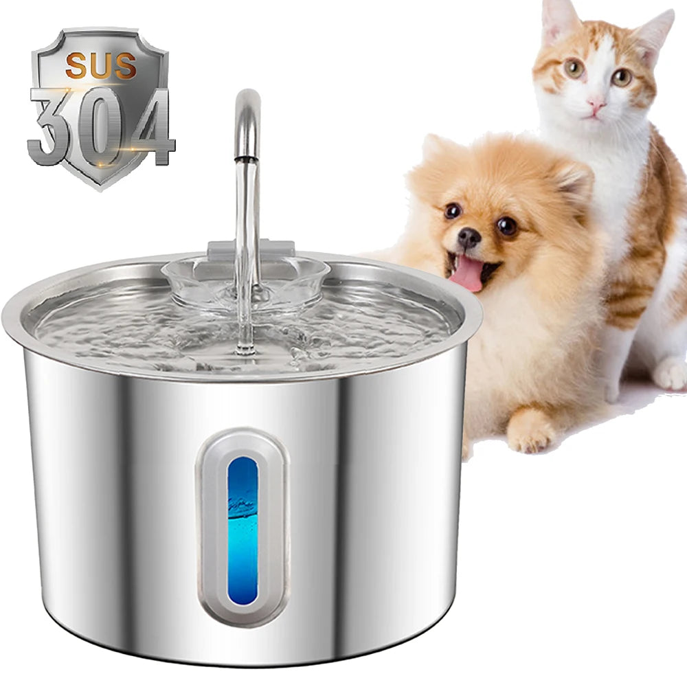 Stainless steel cat water fountain with 2.2L capacity, automatic pet water dispenser, featuring a multi-stage filter for clean drinking water.
