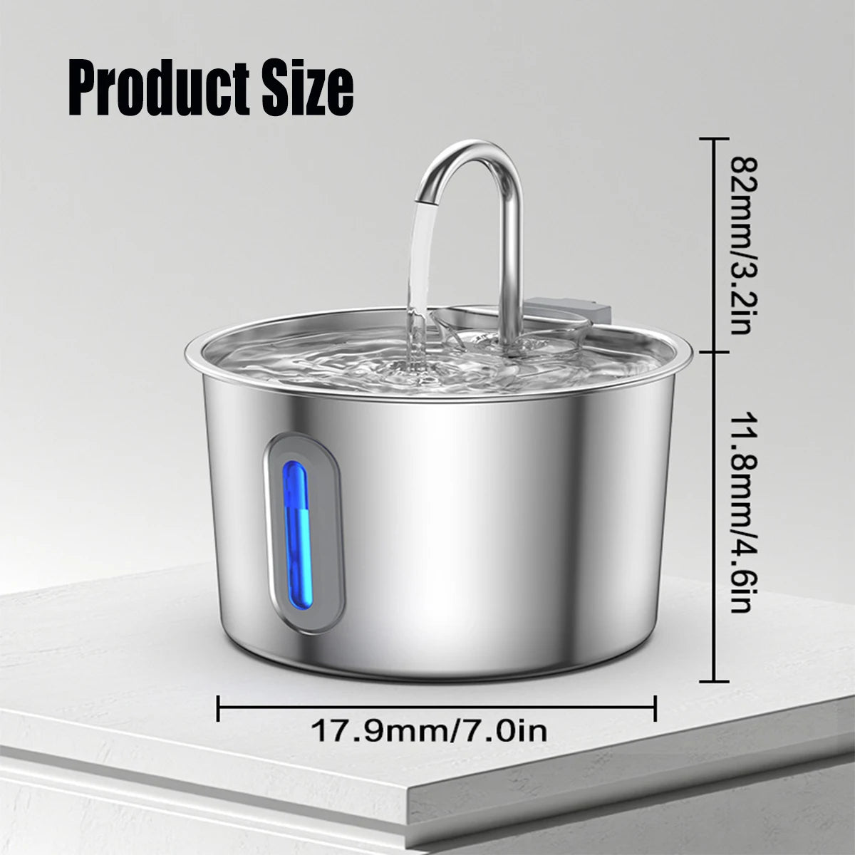 Stainless steel cat water fountain with 2.2L capacity, automatic pet water dispenser, featuring filter and modern design.