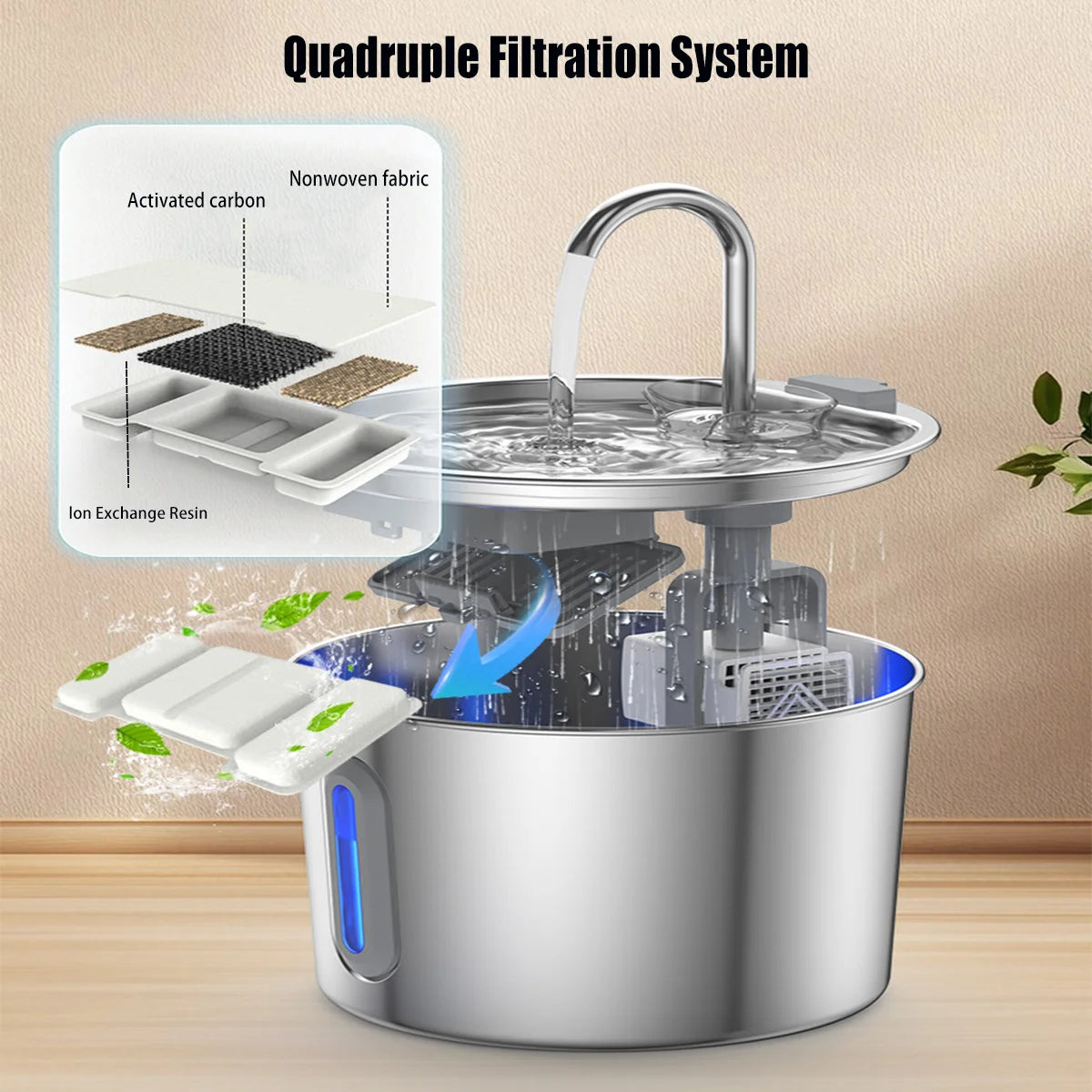 Stainless steel cat water fountain with 2.2L capacity, automatic pet water dispenser with filter for fresh drinking water.