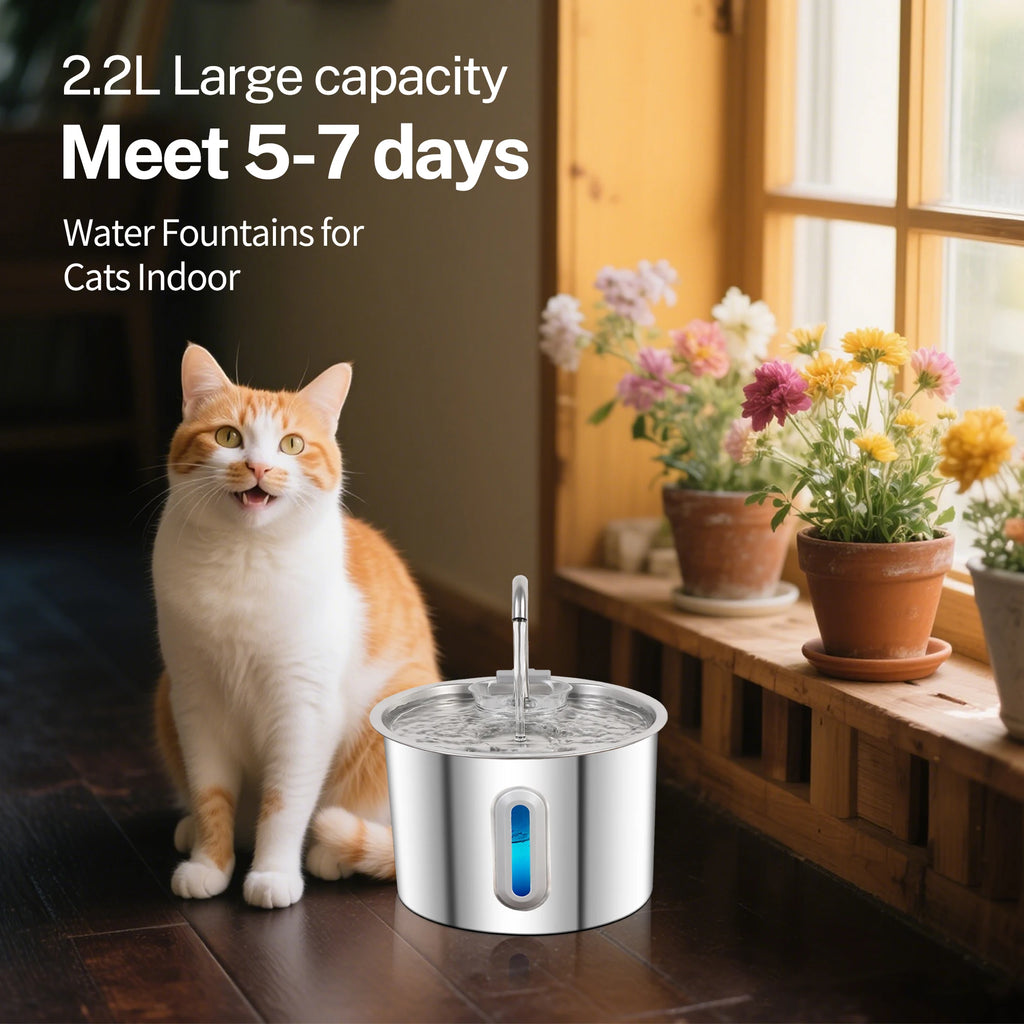Stainless steel cat water fountain with 2.2L capacity, automatic pet water dispenser, filter, and modern design for fresh drinking water.