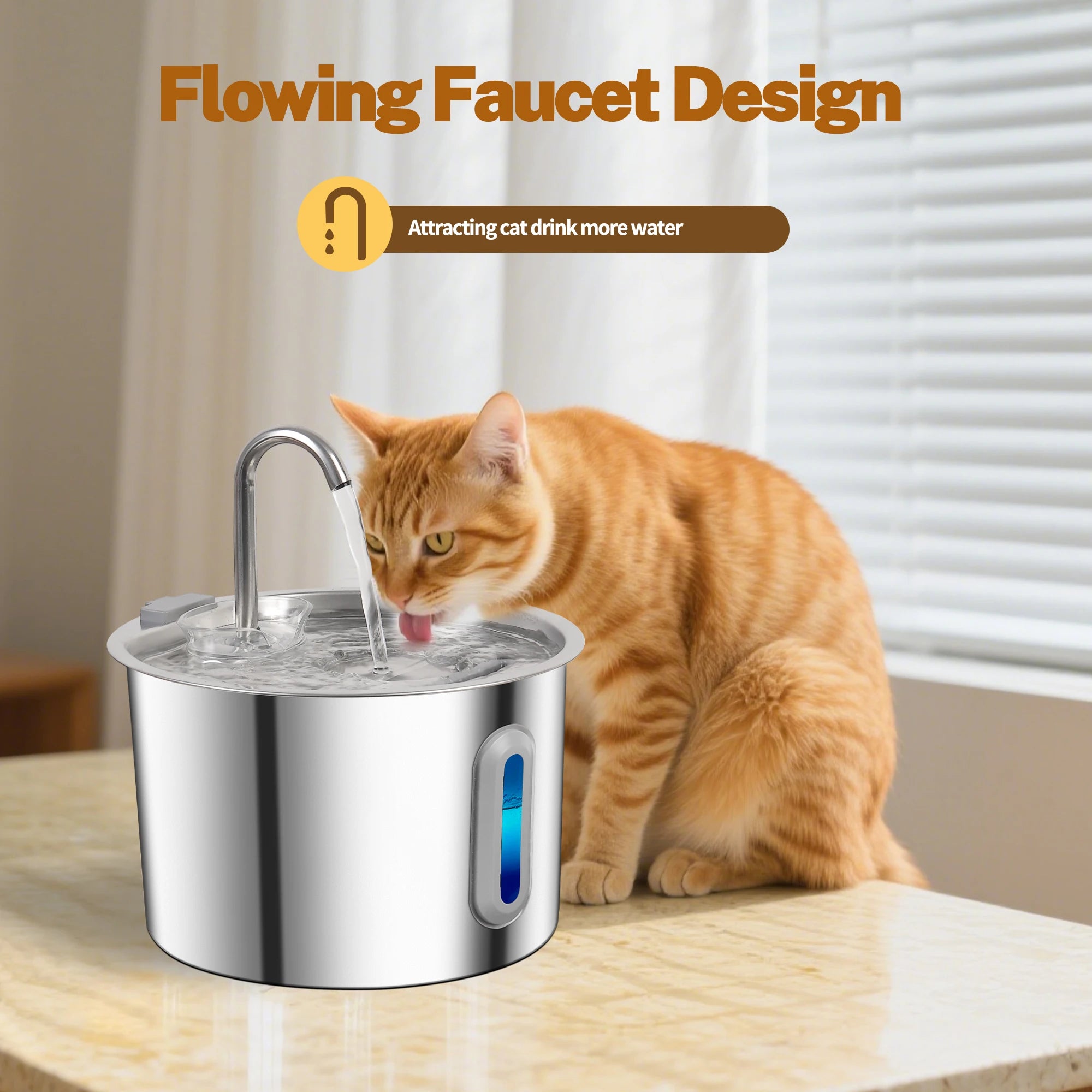 Stainless steel cat water fountain with 2.2L capacity, automatic pet water dispenser, featuring a multi-filter system for fresh drinking water.
