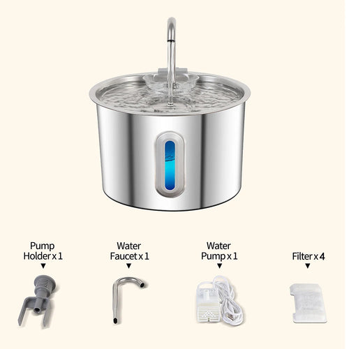 Stainless steel cat water fountain with 2.2L capacity, automatic pet water dispenser, featuring a multi-filter system.