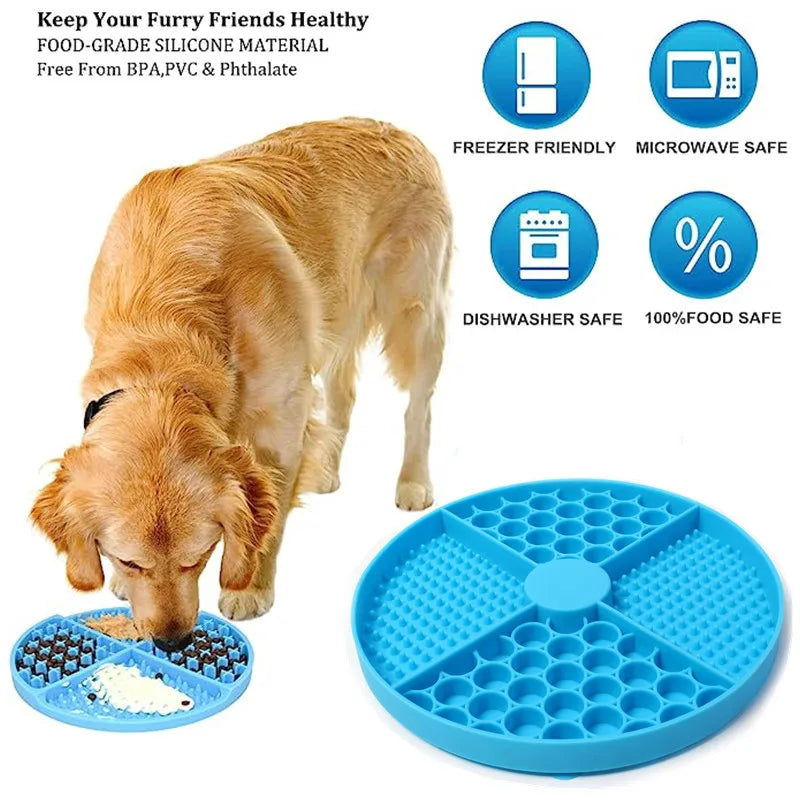 Gray silicone cat licking mat slow feeder with suction cup, designed to entertain and slow down cats during feeding.