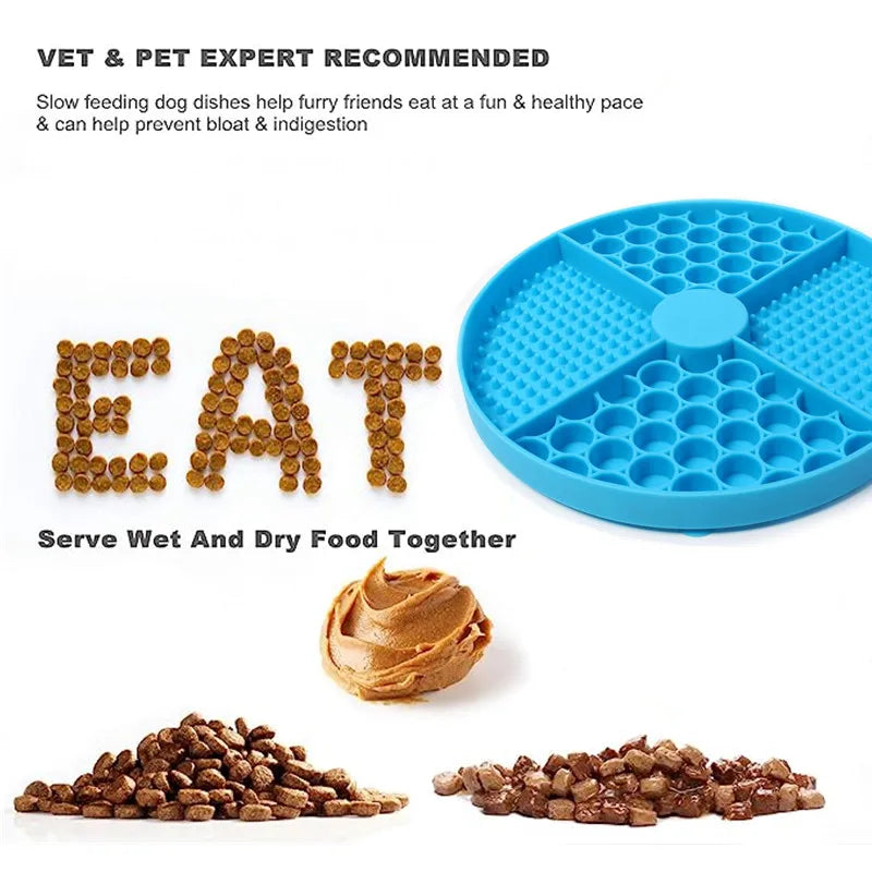 Gray silicone cat licking mat with suction cup, designed as a slow feeder bowl for pets to reduce feeding speed and promote engagement.
