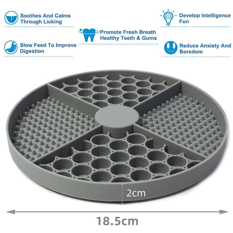 Gray silicone cat licking mat with suction cup, designed as a slow feeder bowl for pets.