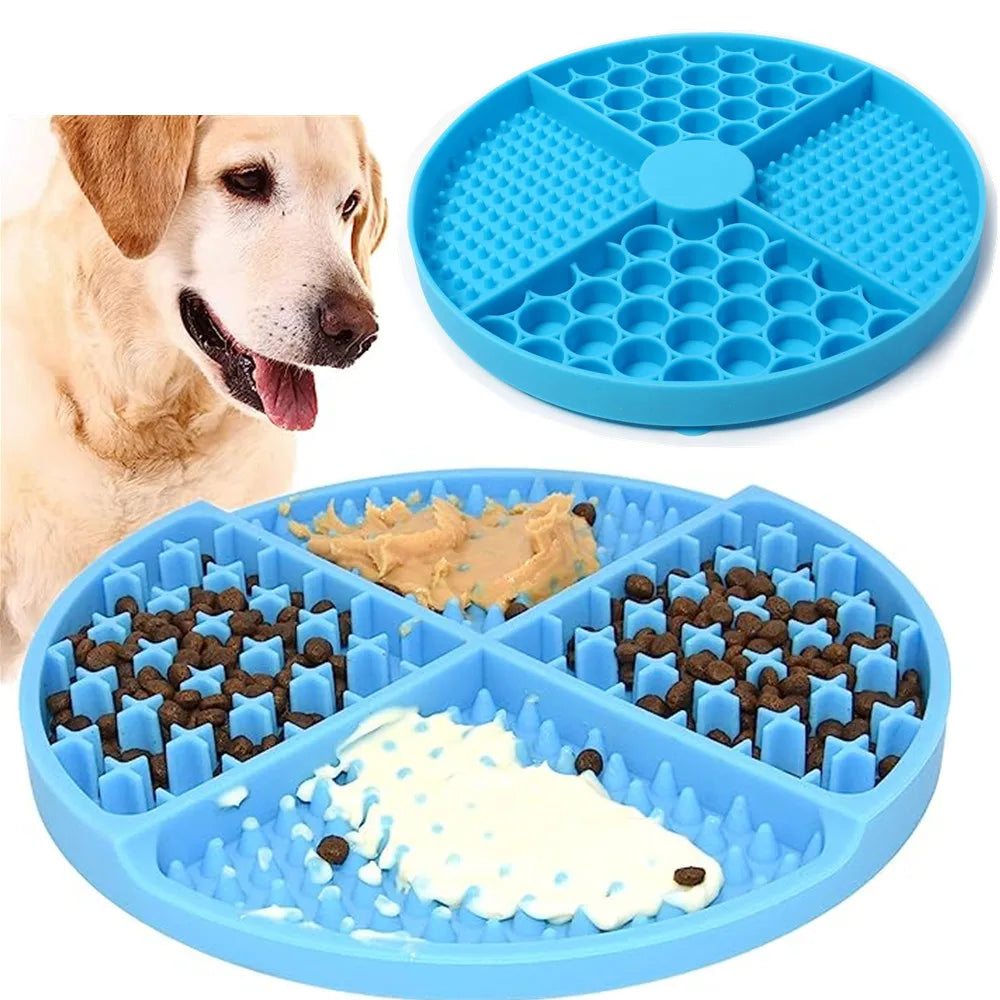 Gray silicone cat licking mat with suction cup, designed as a slow feeder bowl for pets to promote healthy eating.