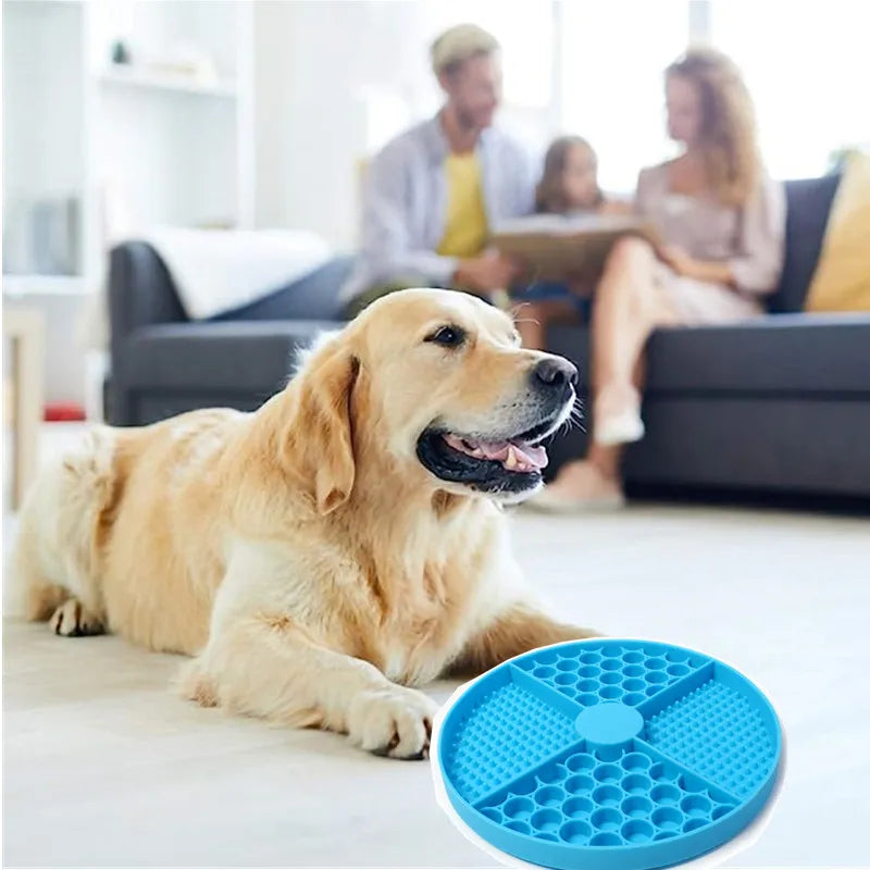 Gray silicone cat licking mat slow feeder with suction cup, designed to entertain and slow down cats during feeding.