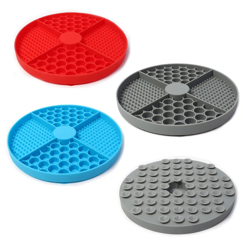 Gray silicone cat licking mat slow feeder with suction cup, designed to entertain and slow feeding for cats.
