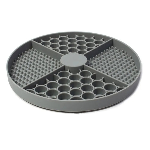 Gray silicone cat licking mat slow feeder with suction cup, designed to entertain and slow down cats during feeding.
