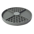 Gray silicone cat licking mat slow feeder with suction cup, designed to entertain and slow down cats during feeding.
