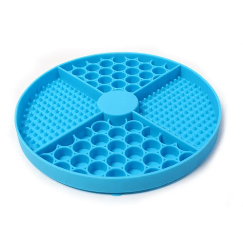 Gray silicone cat licking mat with suction cup, slow feeder bowl designed to entertain and slow down cats during feeding.