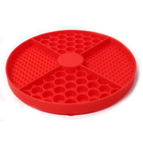 Gray silicone cat licking mat slow feeder with suction cup, designed to keep cats entertained and reduce eating speed.